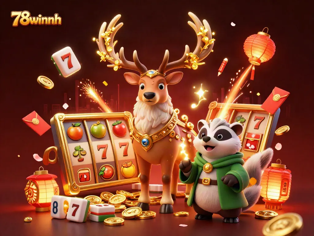 Experience vibrant gaming action with the 78winnh online casino, featuring a magical scene with slot reels and characters.
