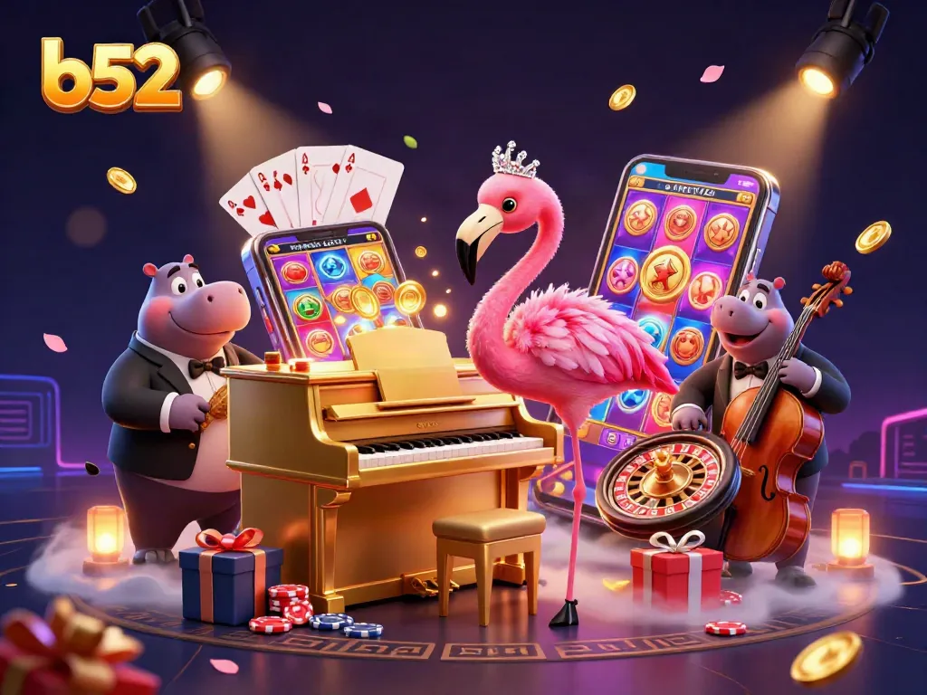 Spin to win at B52 online casino with vibrant characters and engaging games around.