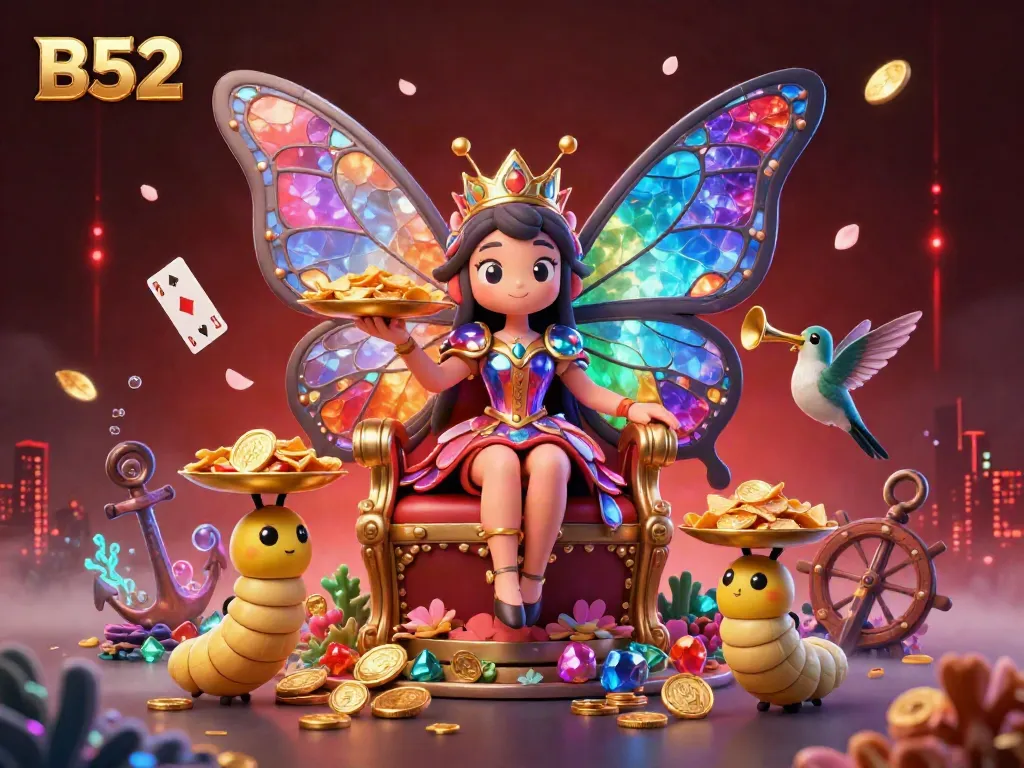 Experience the magic of B52 with a vibrant casino-themed 3D scene featuring a butterfly queen and golden chips.