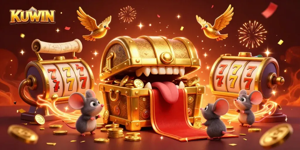 Engage with KUWIN's vibrant casino atmosphere featuring thrilling slot games and enchanting golden treasures.