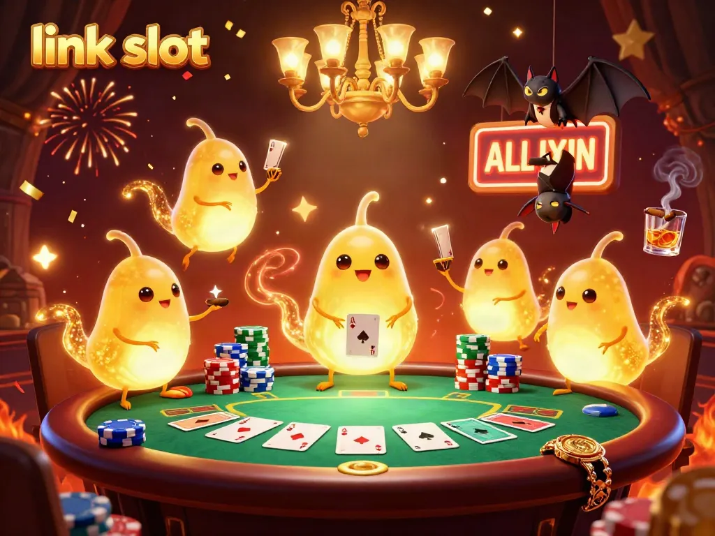 Experience link slot excitement with glowworms in a vibrant casino scene filled with poker elements and festive confetti.
