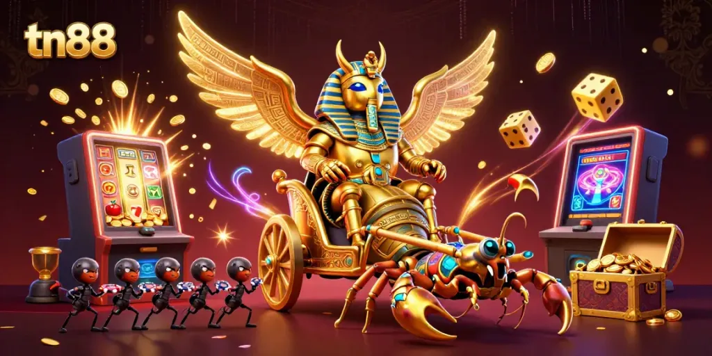 Win big on tn88 with a thrilling casino adventure featuring a golden beetle and treasure-filled slot machine.