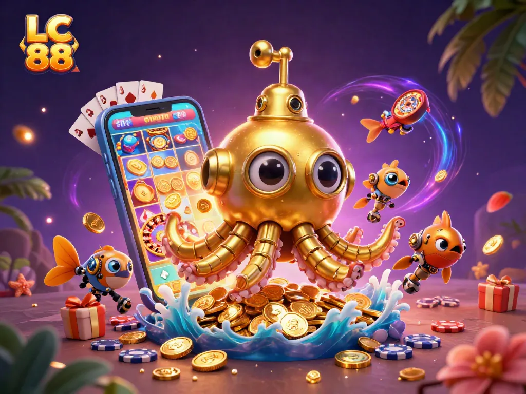 Experience thrilling gaming with LC 88's golden kraken and vibrant casino elements.