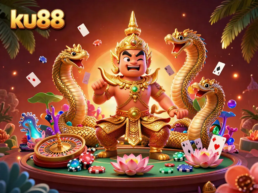Engage with ku88's vibrant 3D casino scene featuring a guardian and Naga amidst poker chips and playing cards.