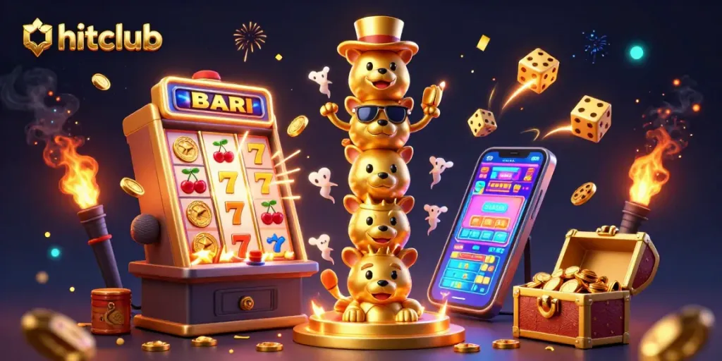 Experience immersive gaming at hitclub with dynamic casino elements and vibrant, colorful illustrations.