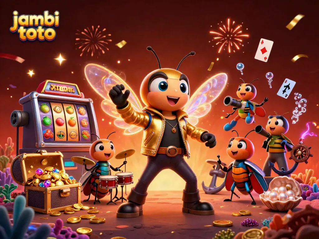 Engaging jambi toto scene with a cicada rock star, vibrant slot machines, and festive confetti.
