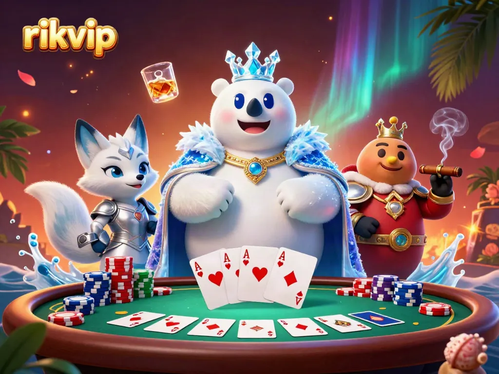 Experience the thrill at rikvip with an exciting poker scene featuring a regal ice king and his fox companion.
