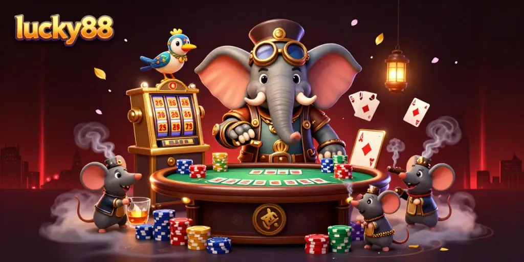 Experience the excitement of lucky88 with a steampunk elephant winning at the casino's golden slots.