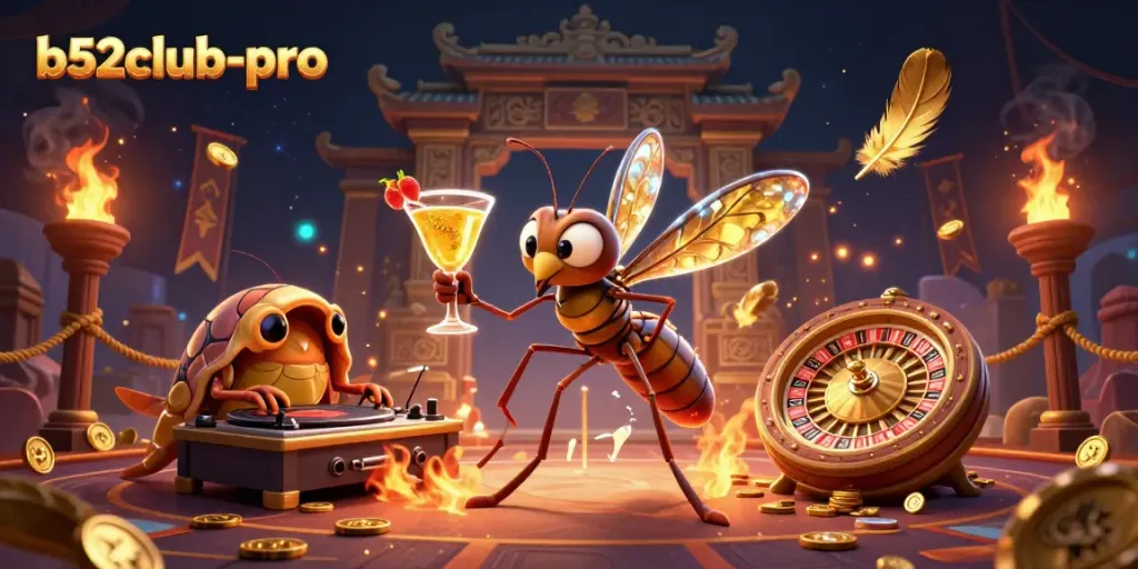 Experience thrilling gameplay with b52club-pro as a mosquito mascot and trilobite DJ in an exciting casino environment.