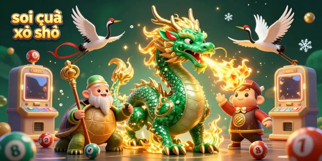 Soi cầu xổ số brings excitement with a majestic dragon and lucky symbols in this vibrant illustration.