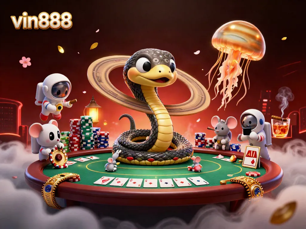 Experience intense betting action in vin888 as mice strategize around a cosmic roulette, amid vibrant casino chaos.