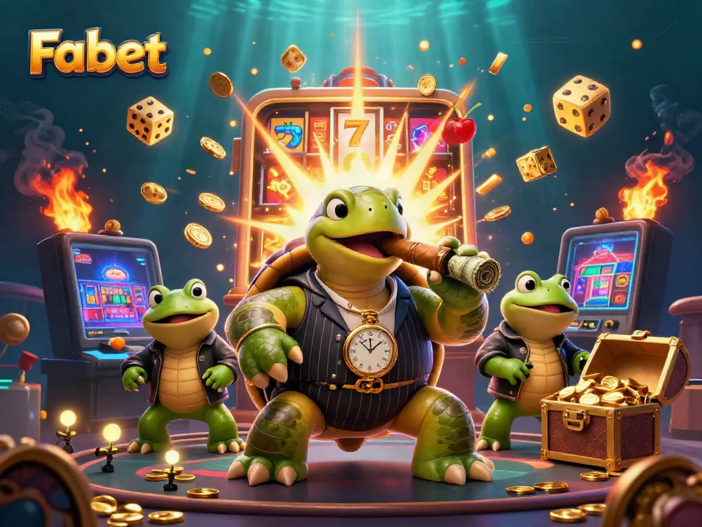 Experience the vibrant gaming world of Fabet with a cartoon turtle mobster and casino elements.