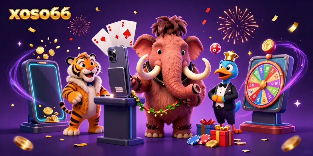 Experience xoso66 excitement with a vibrant lottery scene featuring whimsical characters and dynamic game elements.