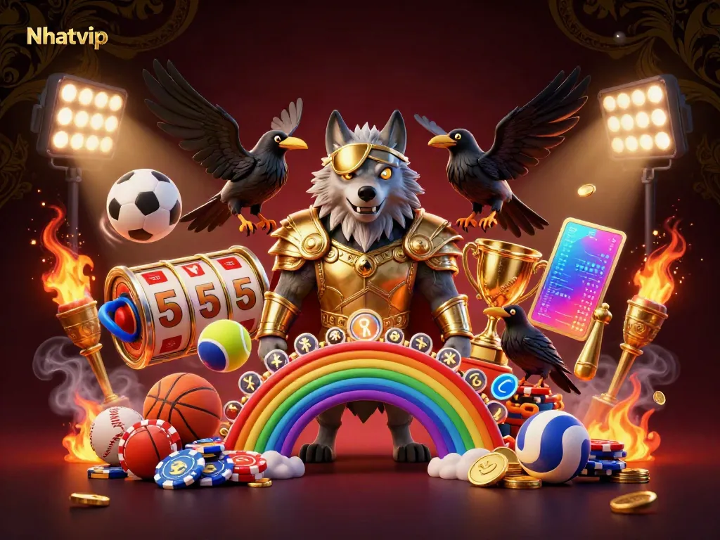 Nhatvip card game illustration featuring vibrant characters and gaming elements in action.