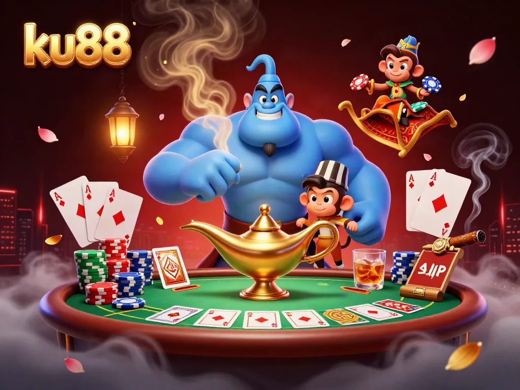 Experience immersive ku88 casino excitement with a muscular genie, Aladdin monkey, and poker chips.