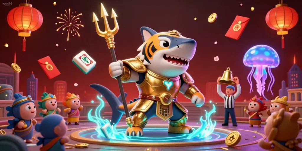 Experience xoso66 in an ultra-detailed 3D underwater scene featuring a tiger shark battling in gaming glory.