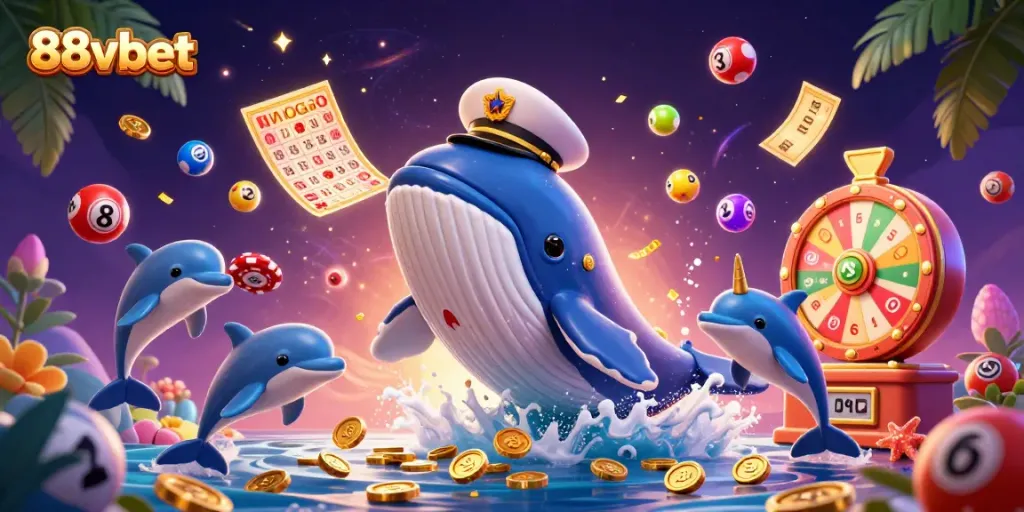 Engage in vibrant gameplay at 88vbet with excited whales, narwhals, and playful dolphins amid a thrilling casino scene.