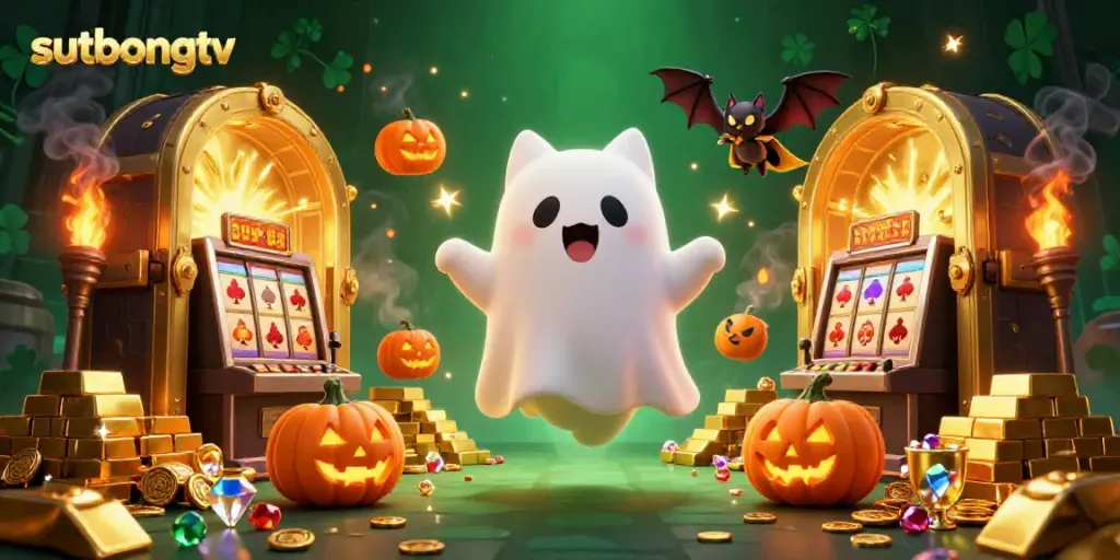 Sutbongtv features a ghost cat and vampire bat in a haunted casino, embodying thrilling gameplay and dynamic visuals.