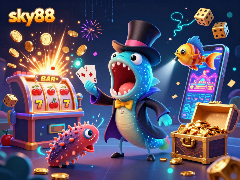 Sky88's exciting deep-sea casino scene with colorful games and magical characters performing tricks.