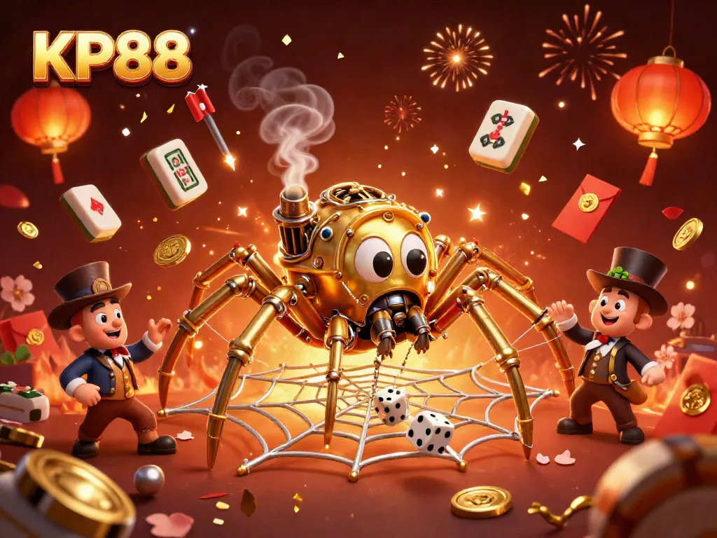 KP88's animated spider ensnares dice in a magical casino web, highlighting excitement and fortune.