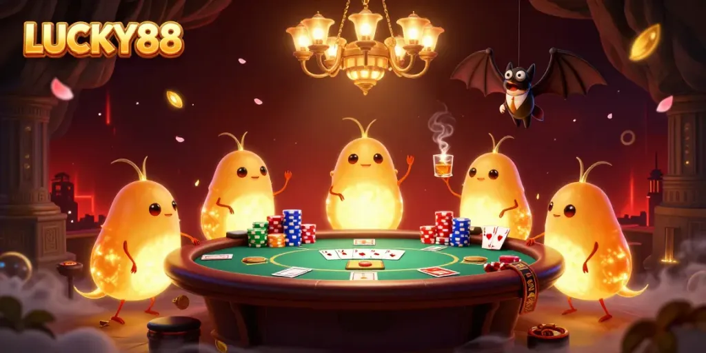 Engage with LUCKY88's vibrant casino atmosphere where glowworms illuminate poker action.