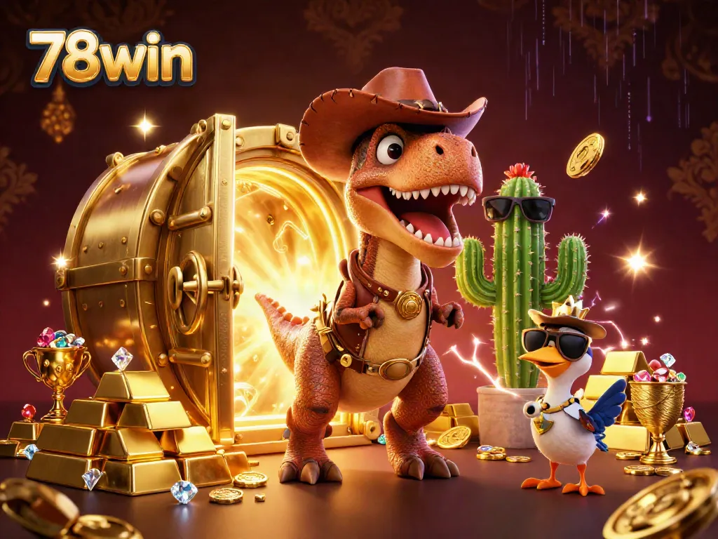 Experience thrilling adventures at 78win with a vibrant casino scene featuring cartoon characters and treasure!