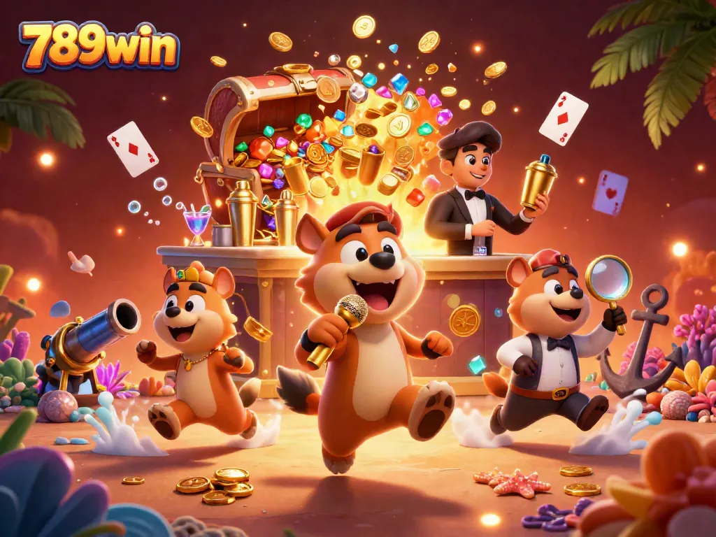 Join the vibrant 789win casino scene with hyena characters engaging in joyful festivities.