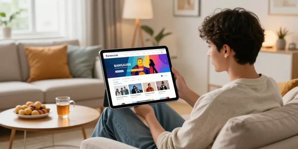 Engaging scene of a user navigating the bangau88 digital entertainment platform in a cozy living room.