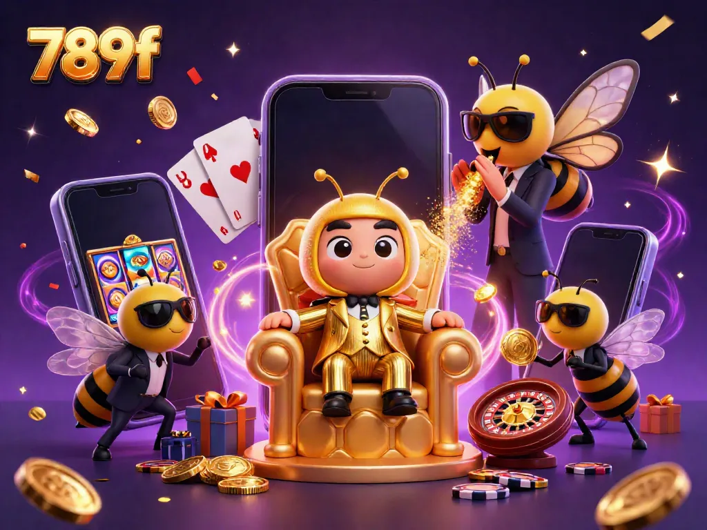 Engage with 789f’s vibrant casino world featuring a bumblebee mob boss, gaming elements, and celebratory confetti.