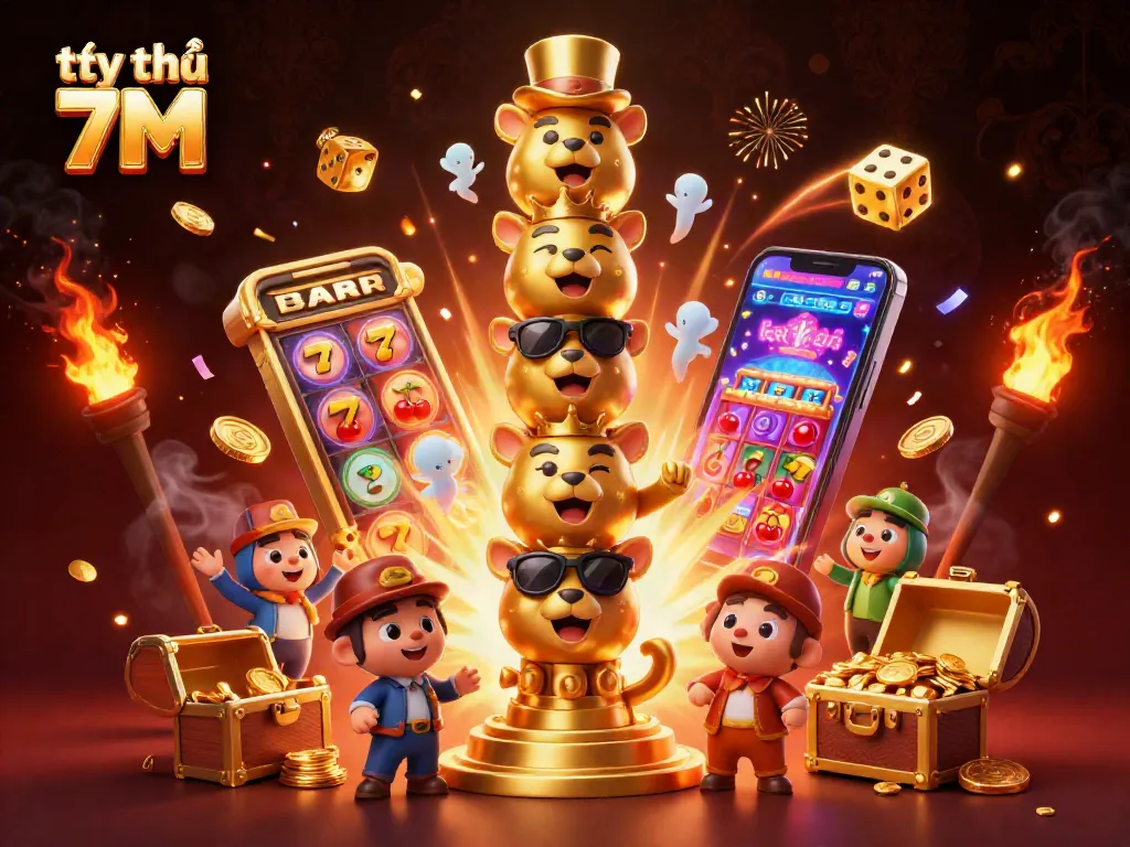 Watch the thrilling tỷ lệ 7M scene with dynamic slot machines and golden totems celebrating big wins!