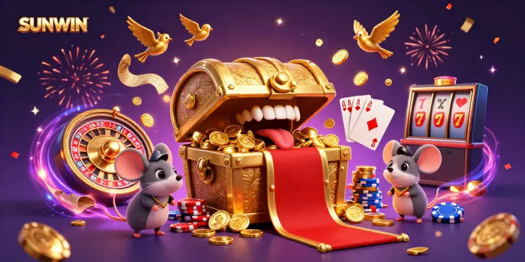 SUNWIN engaging illustration showcasing a vibrant casino scene with a golden treasure chest inviting adventurer mice to play.