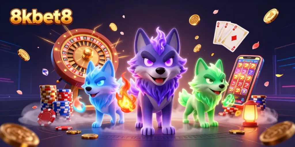 Experience the thrill of 8xbet8 with glowing wolf characters amidst casino elements and dynamic gameplay.