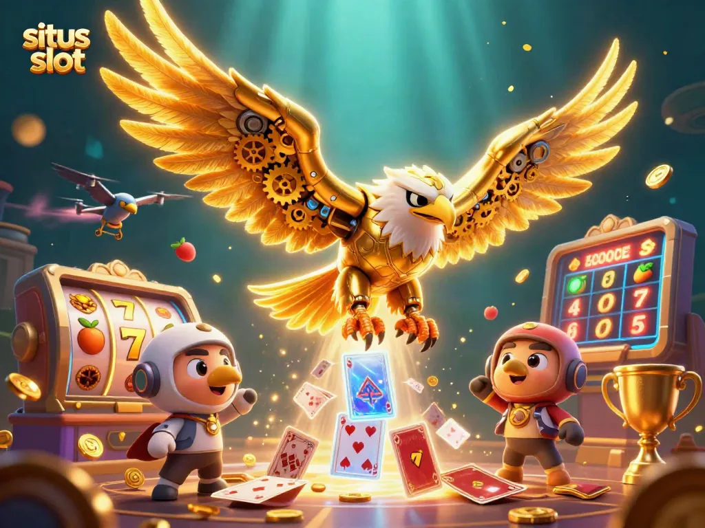 Menangkan jackpot di situs slot sambil melihat burung elang emas futuristik dan berbagai simbol permainan.