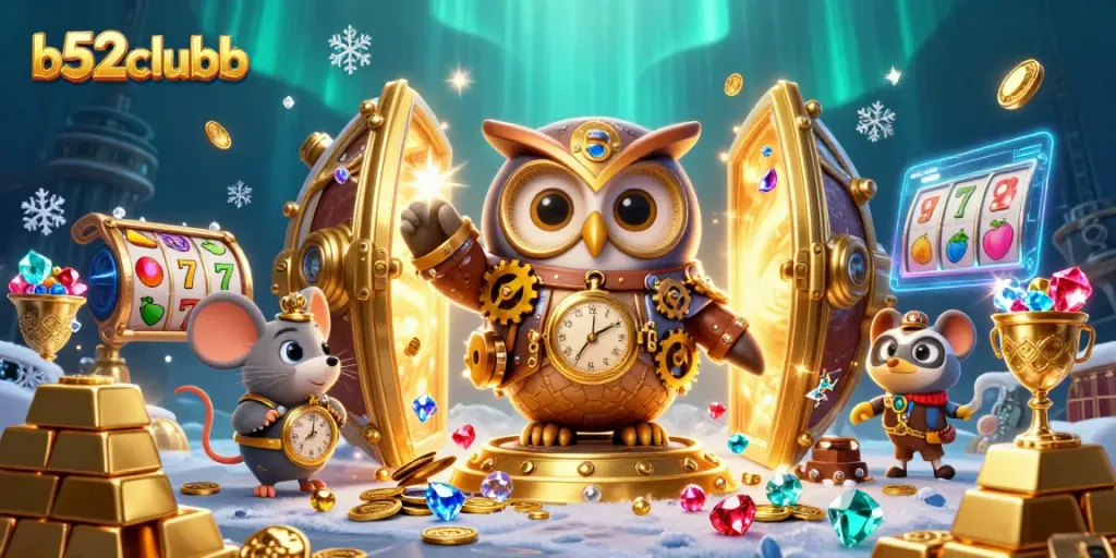 Engage with b52clubb in a vibrant 3D casino scene filled with treasures and dynamic game elements.