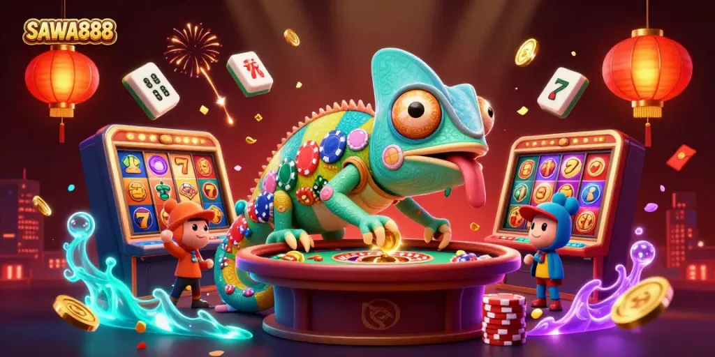 Engage in fun at SAWA888 with a vibrant chameleon casino owner and dynamic slot elements.