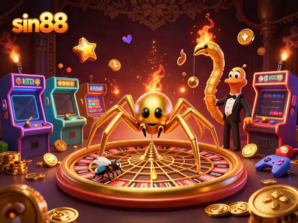 Experience thrilling sin88 gameplay with a golden spider and colorful slot reels in this dynamic 3D illustration.