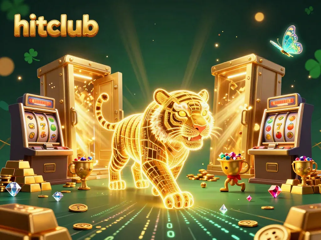 Engage with hitclub casino excitement featuring golden tiger in a vibrant digital landscape.