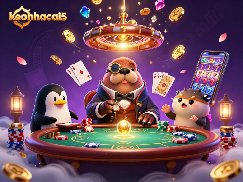 Engage in thrilling bets with keonhacai5 as a walrus and penguin deal undersea poker.