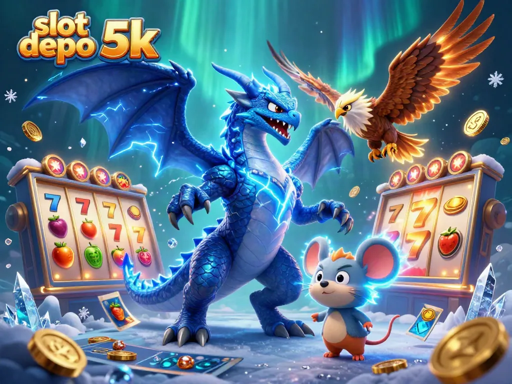 Experience thrilling gameplay with slot depo 5k, showcased through dynamic slot reels and characters in action.