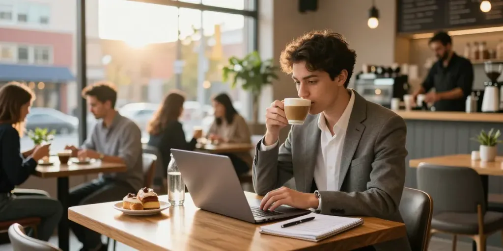 Professional applying for Edmonton loans in a cozy café while enjoying coffee.