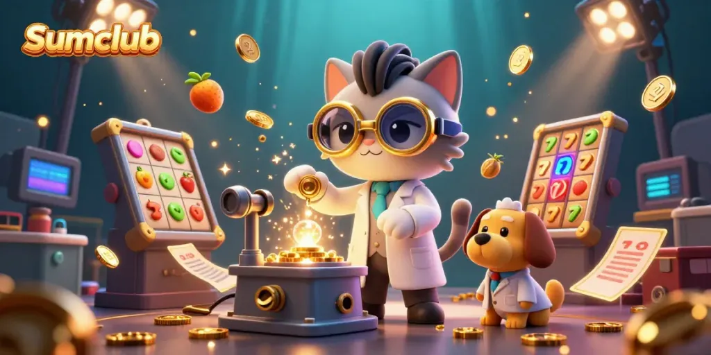Experience the excitement at Sumclub with a mad scientist creating gold-coin magic amidst vibrant casino elements.