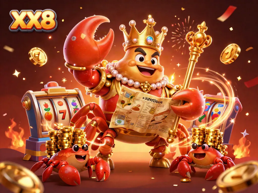 Engage in exciting slot action with the grand XX8 crab emperor amidst vibrant casino visuals.