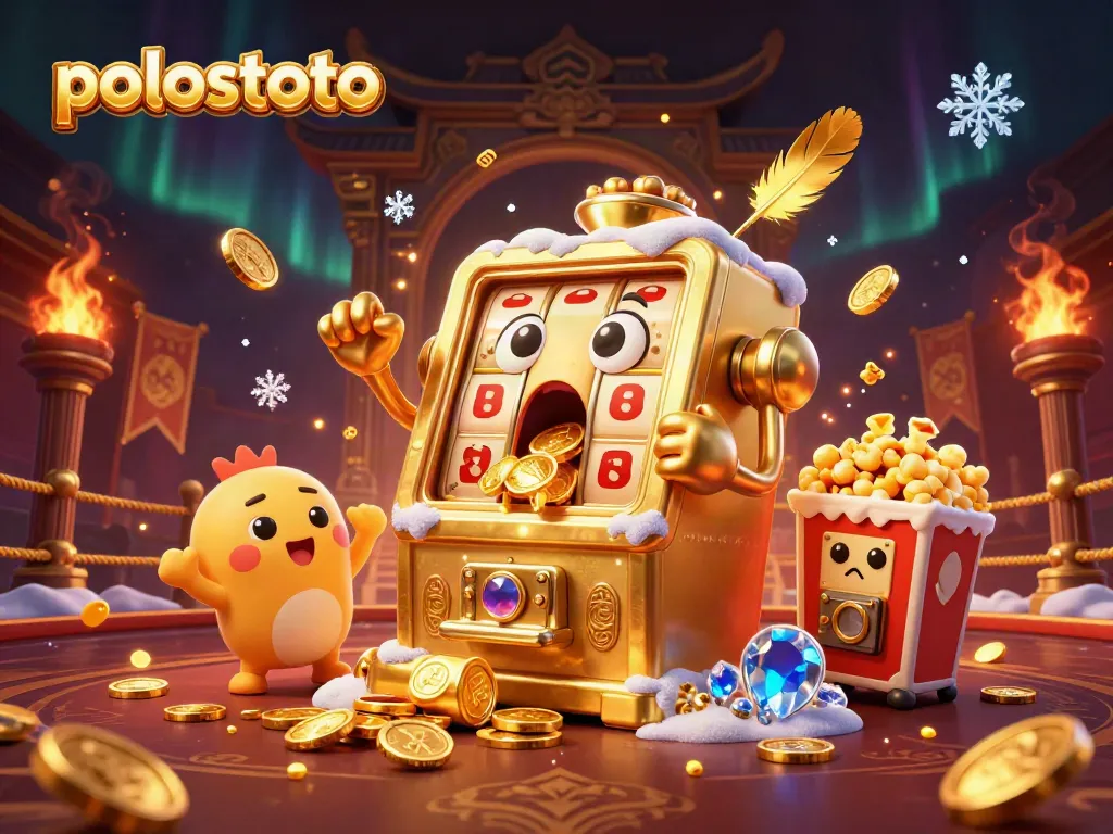 Experience the excitement of polostoto with a golden slot machine celebrating a jackpot amidst dynamic gaming elements.