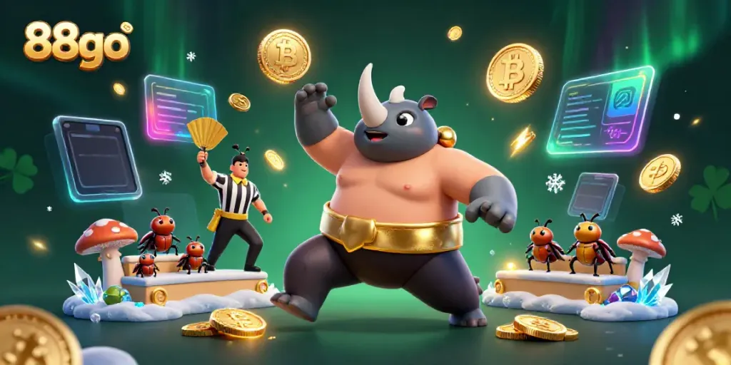 Experience thrilling casino moments with 88go as a sumo beetle stomps gold coins in a vibrant gambling scene.