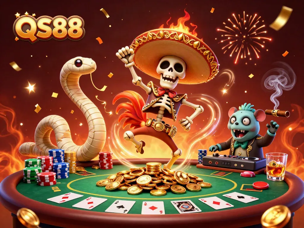 Engage with QS88's thrilling casino atmosphere featuring vibrant characters celebrating winnings.