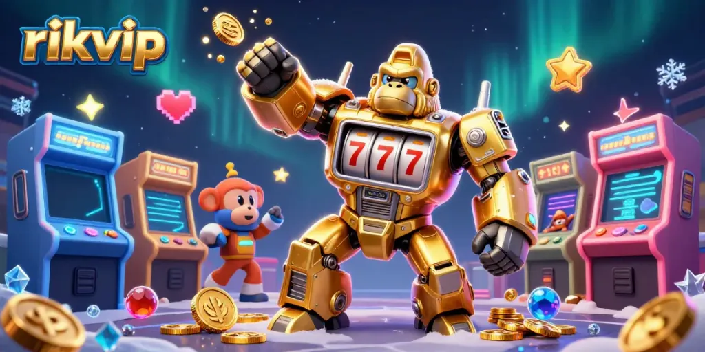 Watch the golden gorilla mech in action as rikvip creates excitement with dynamic casino elements.
