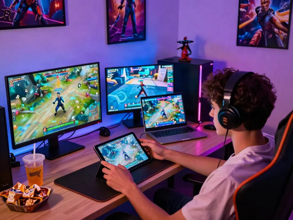 Engaging gaming environment showcasing garuda 404, with vibrant game graphics and multiple devices for a seamless entertainment experience.